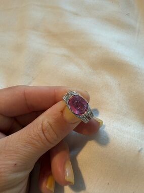 Pink Oval Gemstone Halo Ring in Silver Tone